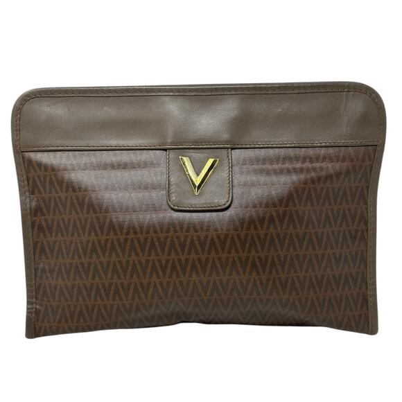 Valentino brown leather V pattern clutch bag - Picture 1 of 15
